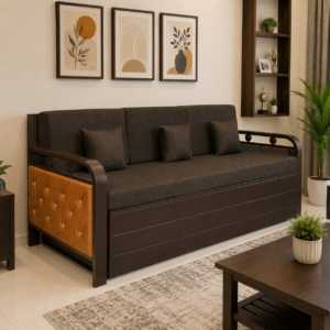 Metal Sofa Cumbed With Hydraulic Storage | Brown Finish | Brown Mattress