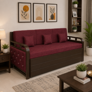 Metal Sofa Cumbed With Brown Coating & Maroon Mattress With Hydraulic Storage
