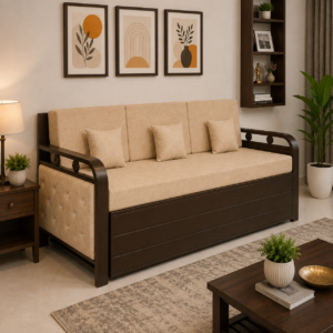 Metal Sofa Cumbed With Brown Coating & Beige Mattress With Hydraulic Storage