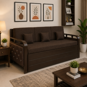 Metal Sofa Cumbed With Brown Coating & Brown Mattress With Hydraulic Storage
