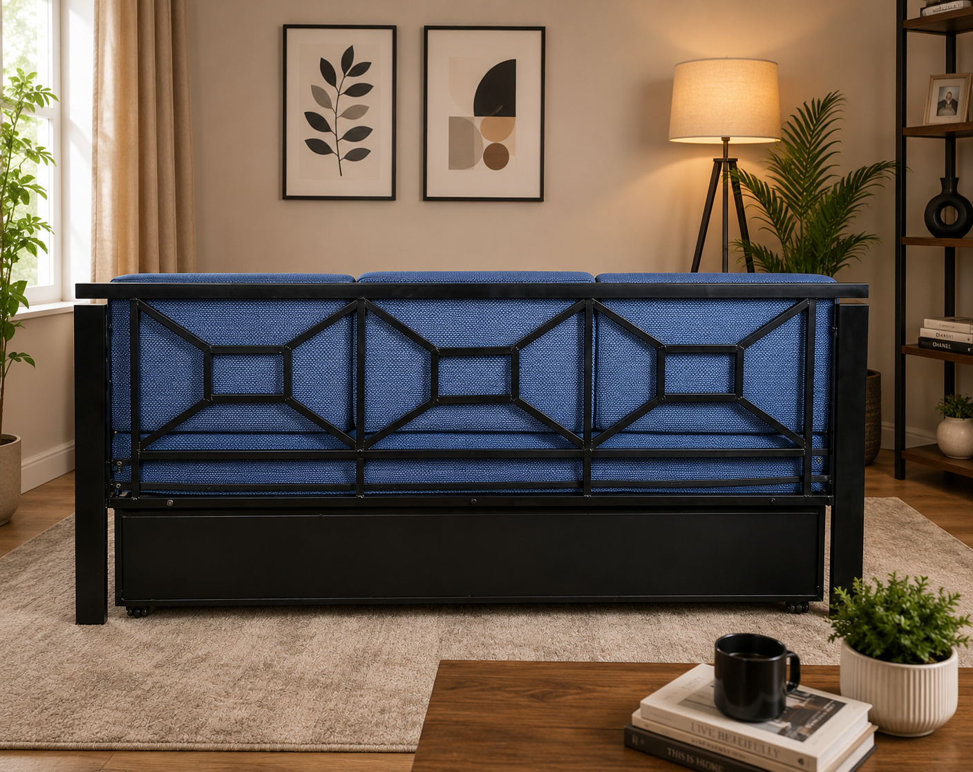 Metal Sofa Cumbed With Black Coating & Blue Mattress With Hydraulic Storage - Image 4