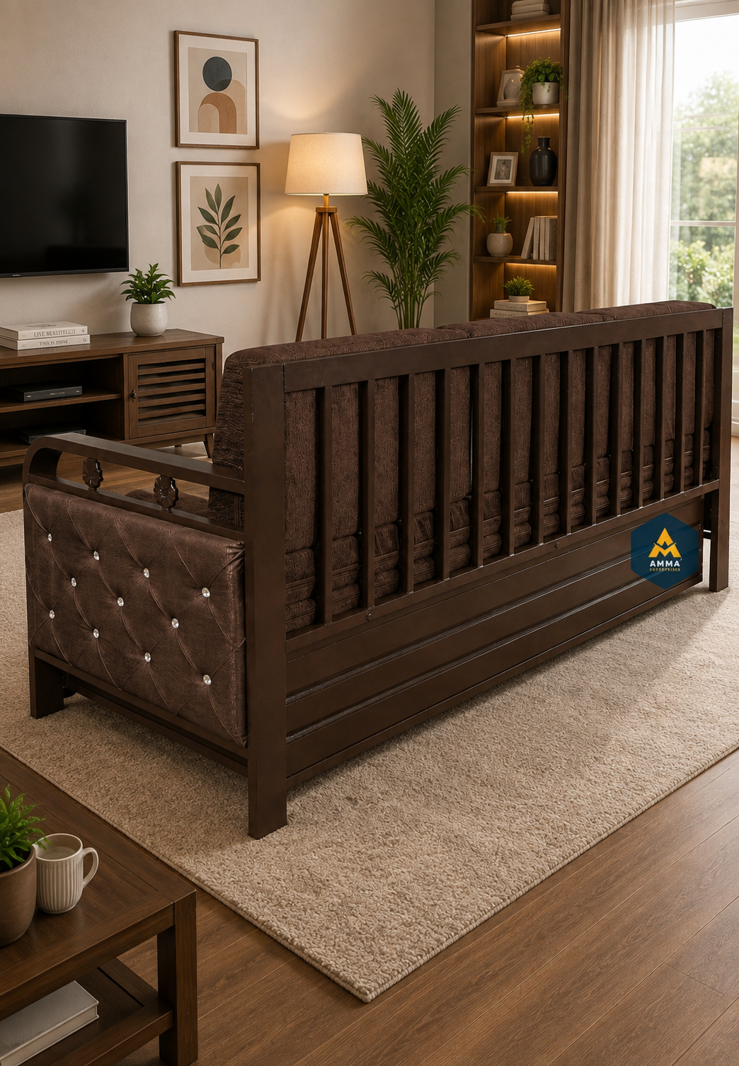 Metal Sofa Cumbed With Brown Coating & Brown Mattress With Hydraulic Storage - Image 5