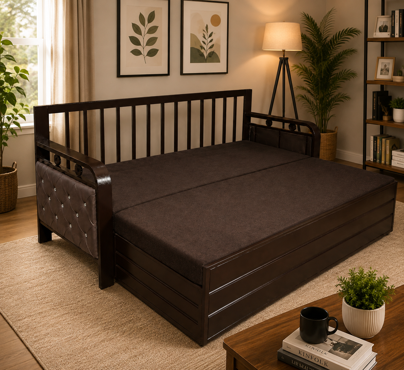 Metal Sofa Cumbed With Brown Coating & Brown Mattress With Hydraulic Storage - Image 2