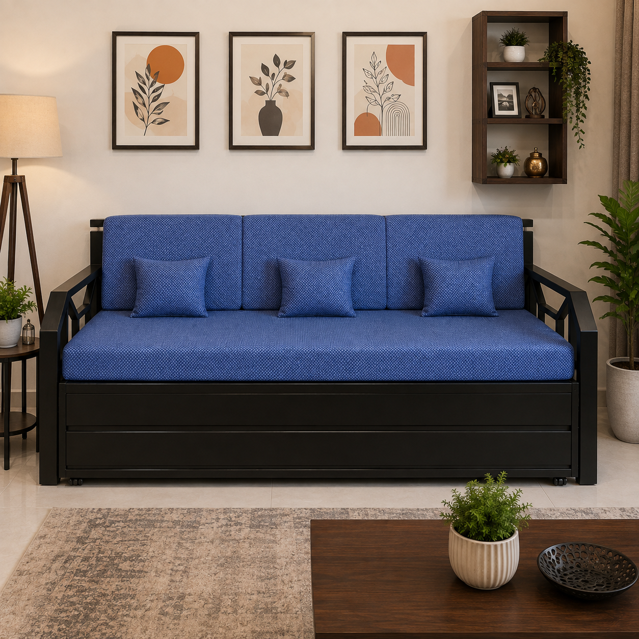 Metal Sofa Cumbed With Black Coating & Blue Mattress With Hydraulic Storage - Image 3
