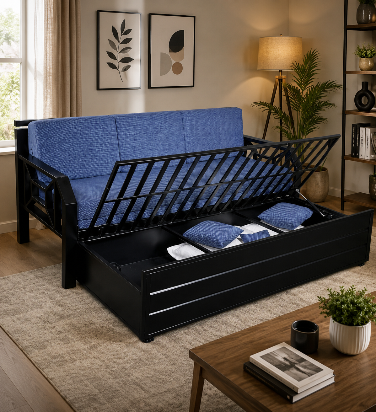 Metal Sofa Cumbed With Black Coating & Blue Mattress With Hydraulic Storage - Image 2