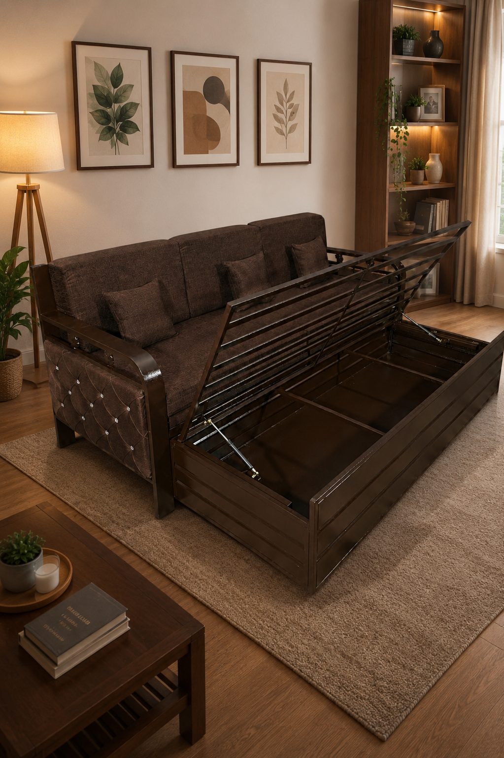 Metal Sofa Cumbed With Brown Coating & Brown Mattress With Hydraulic Storage - Image 4
