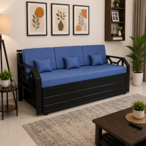 Metal Sofa Cumbed With Black Coating & Blue Mattress With Hydraulic Storage
