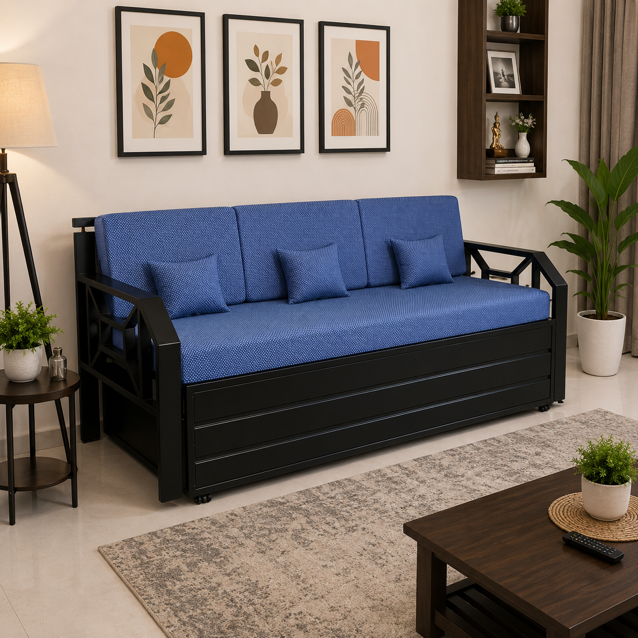 Metal Sofa Cumbed With Black Coating & Blue Mattress With Hydraulic Storage