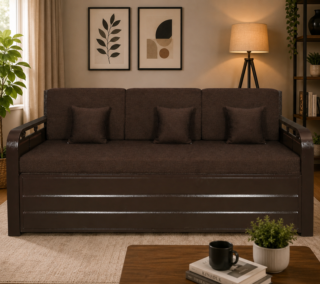 Metal Sofa Cumbed With Brown Coating & Brown Mattress With Hydraulic Storage - Image 3