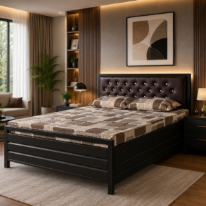 Metal Bed With Hydraulic Storage & Brown Coating (Without Mattress)