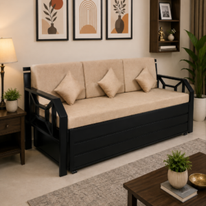 Metal Sofa Cumbed With Hydraulic Storage | Black Finish | Cream Mattress