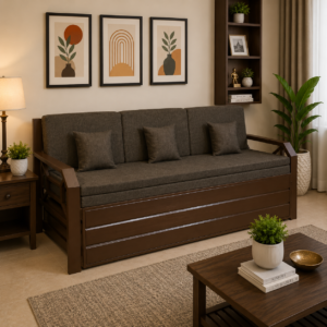 Metal Sofa Cum Bed with Hydraulic Storage | Brown Finish | Brown Mattress