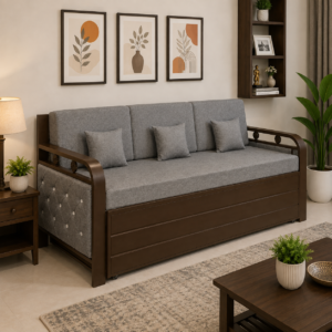 Metal Sofa Cum Bed with Hydraulic Storage | Brown Finish | Grey Mattress